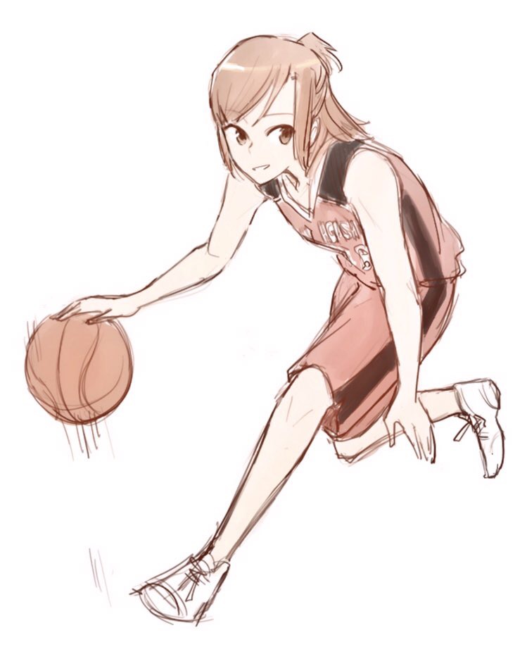 1girl, ball, basketball, basketball_(object), basketball_uniform, brown_eyes, brown_hair, commentary_request, dribbling_(basketball), full_body, hyuuga_akari, jersey, looking_at_viewer, medium_hair, nyamo, parted_lips, red_shirt, red_shorts, shirt, shoes, shorts, simple_background, sleeveless, sleeveless_shirt, smile, sneakers, solo, sportswear, white_background, white_footwear, yagate_kimi_ni_naru