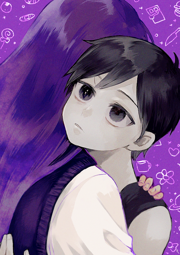 1boy, 1girl, black_eyes, black_hair, black_tank_top, closed_mouth, colored_skin, expressionless