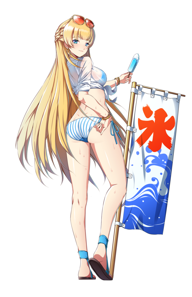 artist_request, bikini, blonde_eyebrows, blonde_hair, blue_bikini, blue_ribbon, blunt_bangs, braid