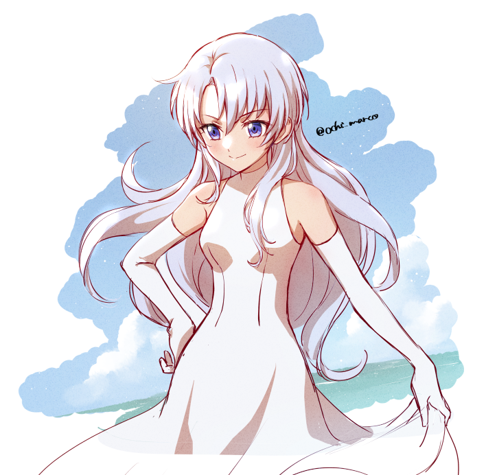 1girl, artist_name, bare_shoulders, blue_eyes, blue_sky, clouds, dress, elbow_gloves