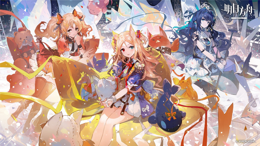 3girls, alchemaniac, animal_ears, anniversary, archetto_(arknights), archetto_(publicity_strategy)_(arknights), arknights, astesia_(arknights)