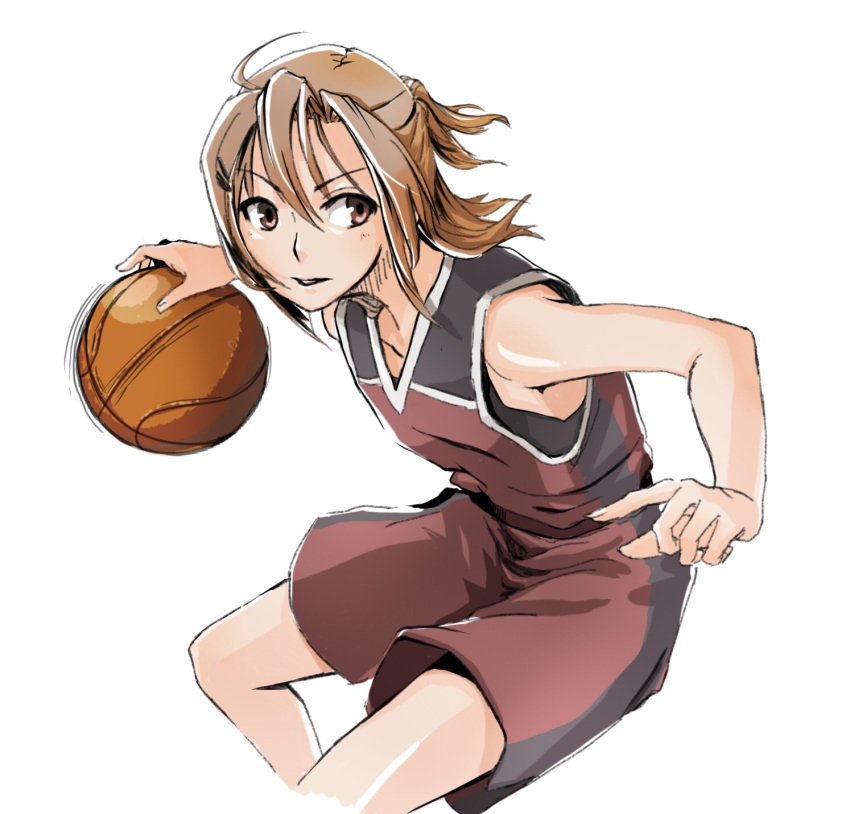1girl, basketball, basketball_uniform, brown_hair, brown_shorts, cropped_legs, dribbling_(basketball), fre_(silent_life)