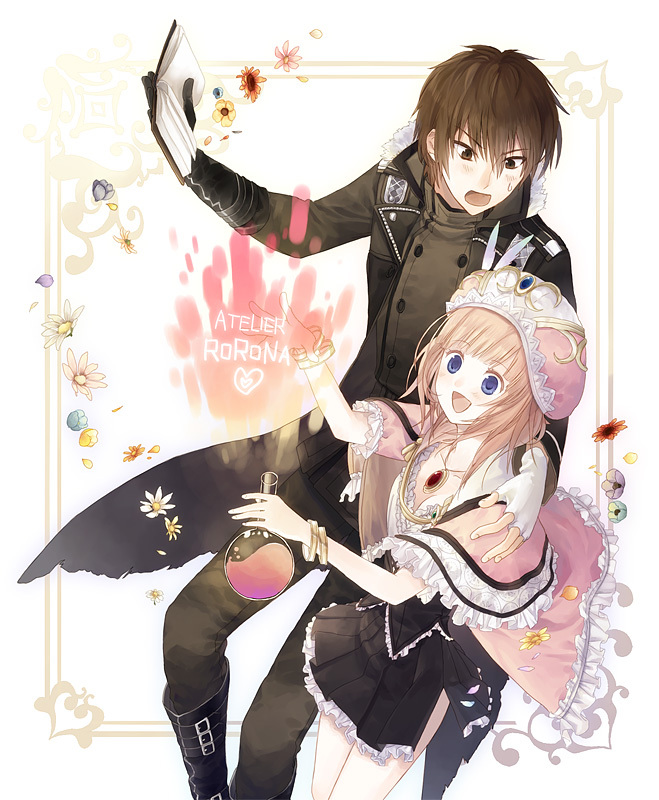 atelier_(series), blue_eyes, book, brown_eyes, brown_hair, cape, flask, gloves