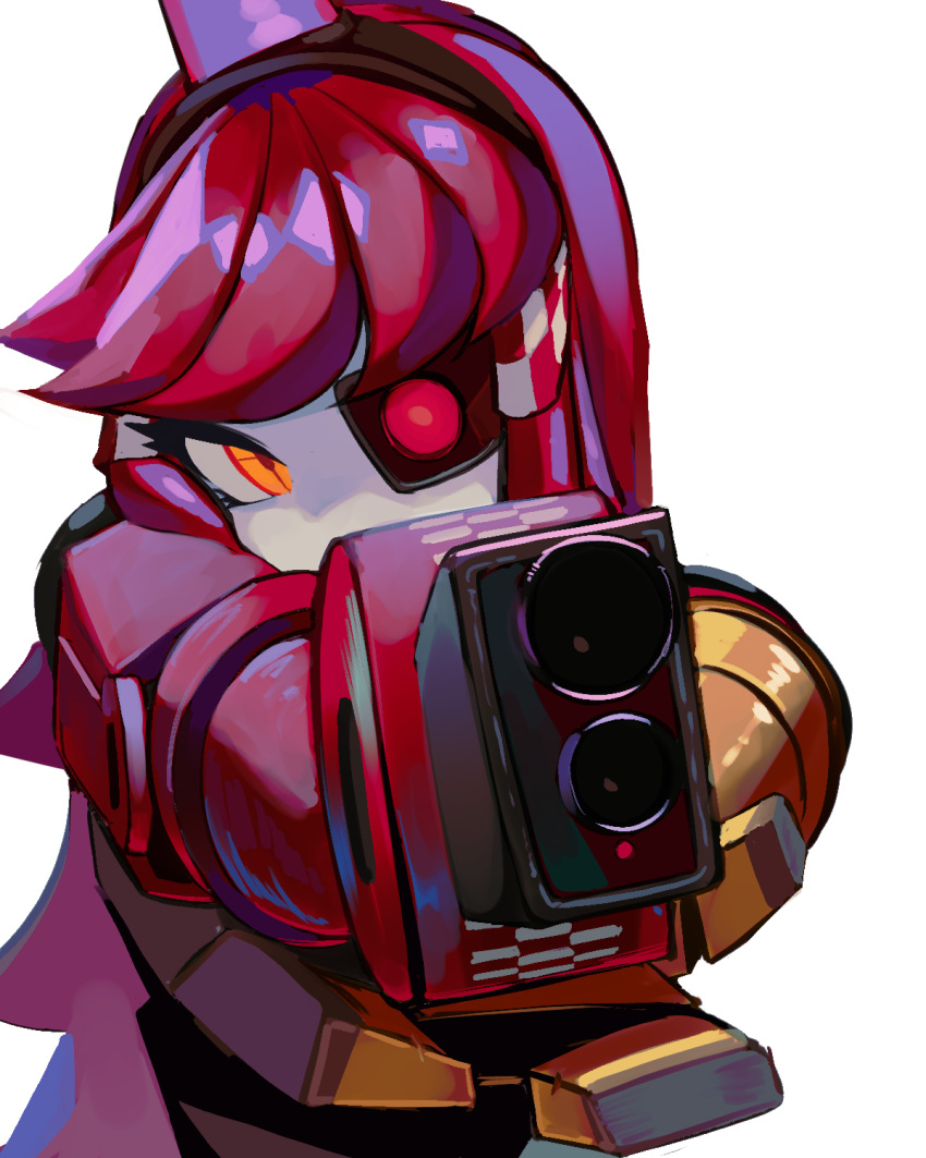 1girl, aiming, aiming_at_viewer, alarm_siren, arm_cannon, borrowed_character, commentary, crosshair_pupils