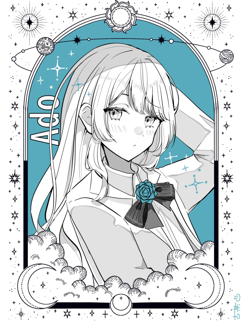 1girl, ado_(utaite), arm_up, black_bow, black_bowtie, blue_flower, blue_rose, blush