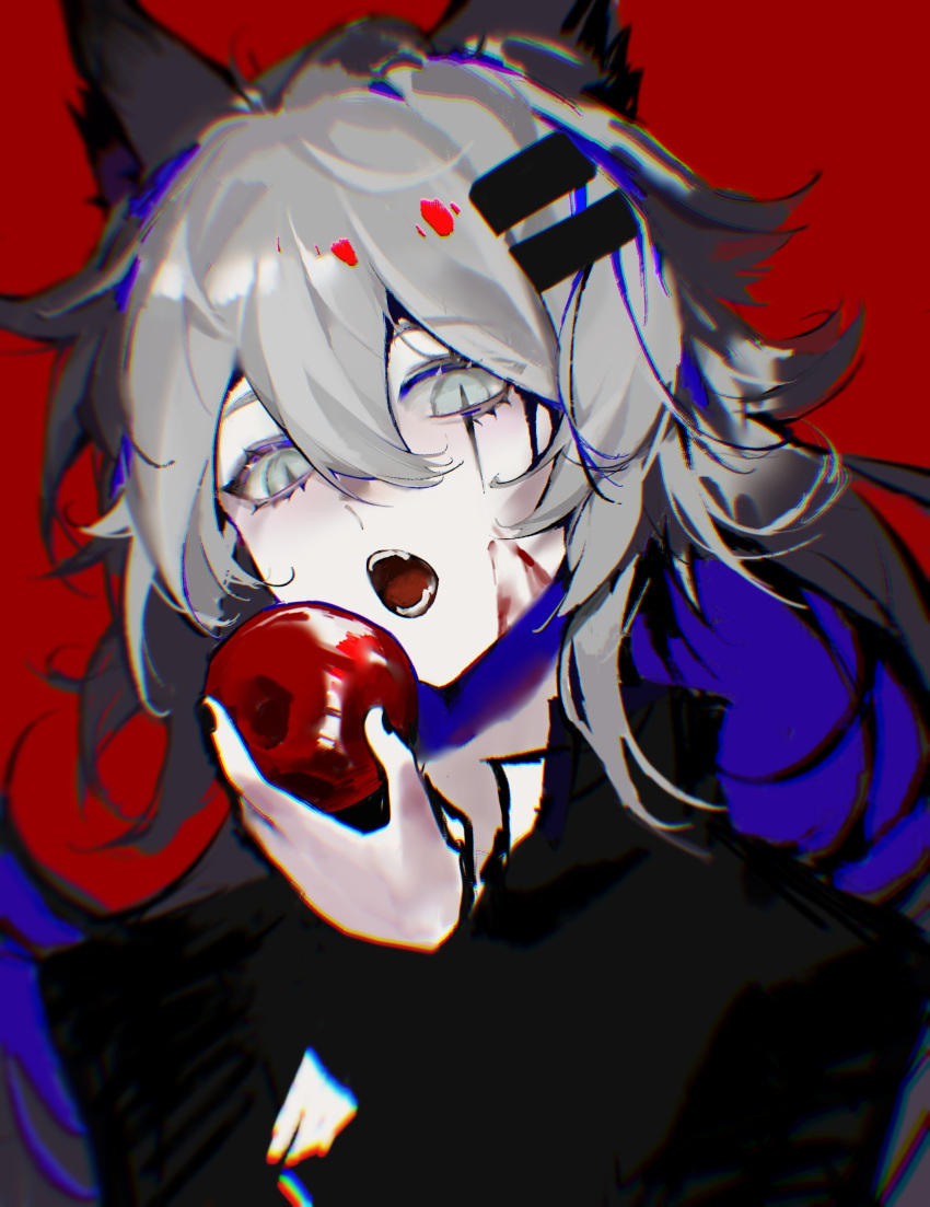 1girl, absurdres, animal_ears, apple, arknights, black_jacket, blood, blood_on_face