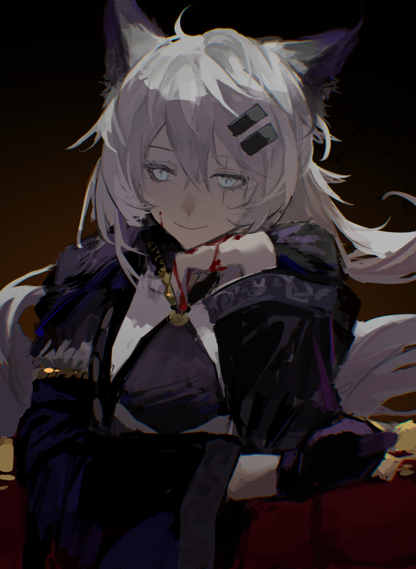 1girl, absurdres, animal_ears, arknights, arm_rest, black_capelet, black_gloves, black_jacket