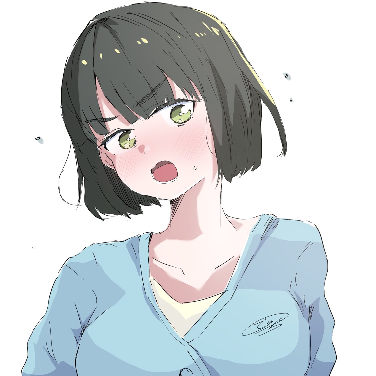 1girl, black_hair, blue_cardigan, blunt_bangs, blunt_ends, blush, breasts, bright_pupils