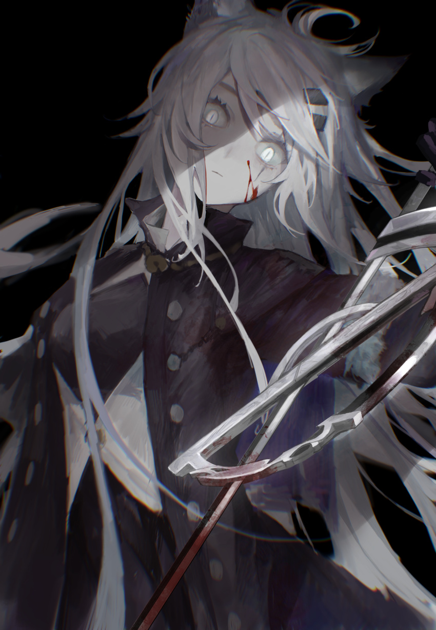 1girl, absurdres, animal_ears, arknights, black_background, black_jacket, blood, blood_on_face