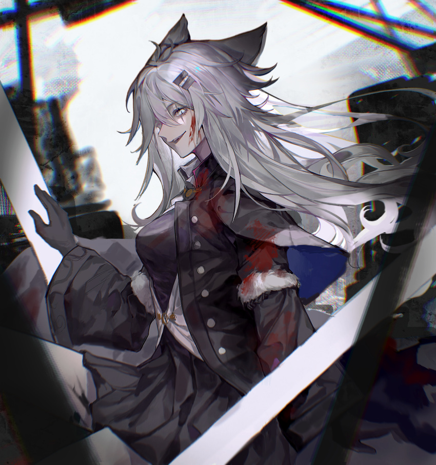 1girl, animal_ears, arknights, black_gloves, black_jacket, black_skirt, blood, blood_on_clothes