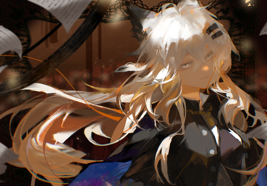 1girl, abstract_background, absurdres, ahoge, animal_ears, arknights, black_jacket, buttons