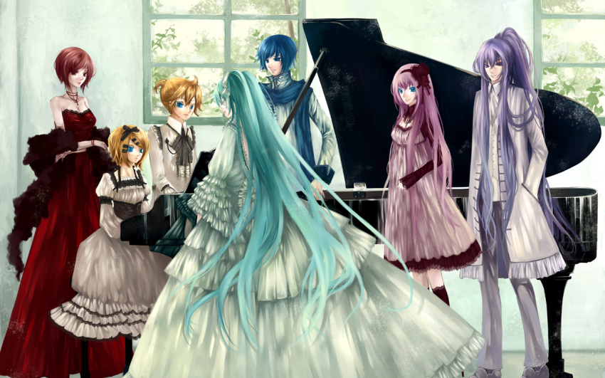 blue_eyes, blue_hair, dress, formal, frills, grand_piano, hair_ribbon, hatsune_miku, instrument, kagamine_len, kagamine_rin, kaito, kamui_gakupo, katari_biumi, long_hair, megurine_luka, meiko, piano, pink_hair, ponytail, purple_hair, red_dress, ribbon, scarf, short_hair, twintails, vocaloid, wallpaper, white_dress