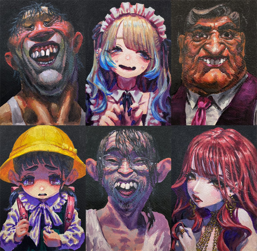 3boys, 3girls, backpack, bag, beard_stubble, black_background, black_hair, blonde_hair