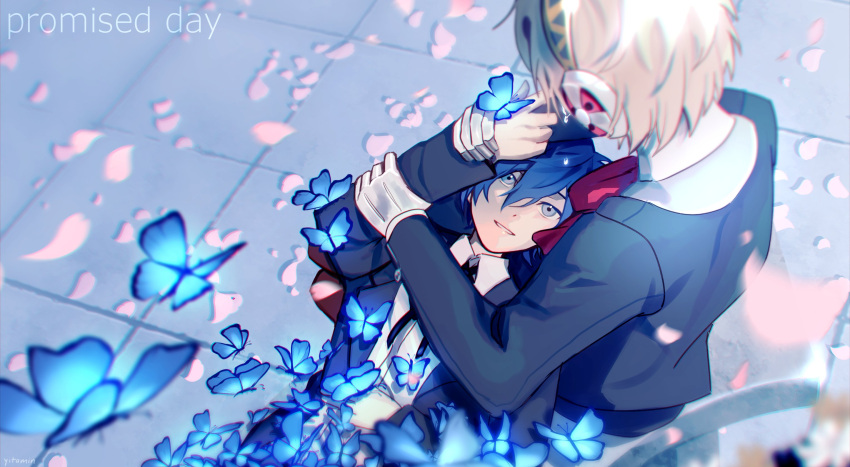 1boy, 1girl, aegis_(persona), bench, black_jacket, black_ribbon, blonde_hair, blue_butterfly, blue_hair, bow, bowtie, bug, butterfly, butterfly_on_hand, cherry_blossoms, chromatic_aberration, collared_shirt, commentary, crying, english_commentary, english_text, falling_petals, gekkoukan_high_school_uniform, grey_eyes, hair_between_eyes, hand_on_another's_arm, hand_on_another's_wrist, hand_on_own_stomach, hetero, highres, jacket, lap_pillow, long_sleeves, looking_at_another, looking_up, lying, neck_ribbon, on_back, on_bench, open_clothes, open_jacket, open_mouth, persona, persona_3, petals, red_bow, ribbon, school_uniform, shirt, short_hair, sitting, smile, spoilers, tears, tile_floor, tiles, too_many, too_many_butterflies, white_shirt, wing_collar, wiping_tears, yitamin, yuuki_makoto_(persona_3)