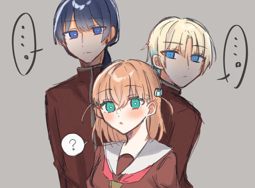 ..., 1girl, 2boys, :o, :|, ?, blonde_hair, blue_eyes