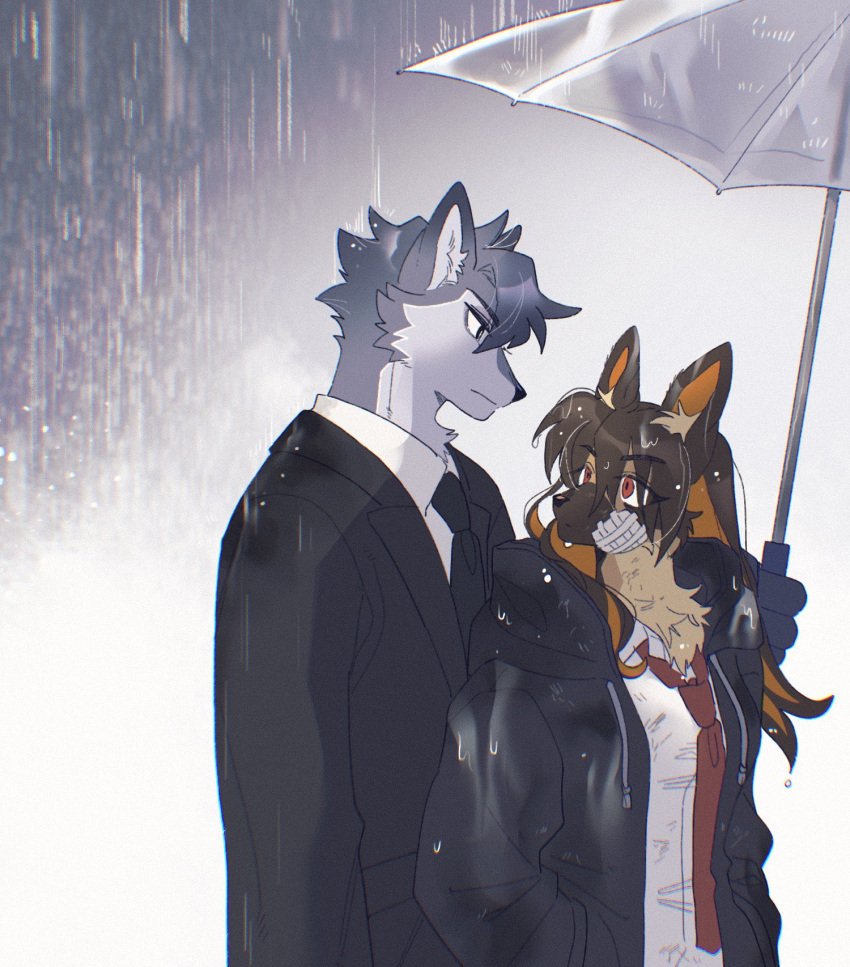 1boy, 1girl, animal_ear_fluff, animal_ears, black_coat, black_eyes, black_necktie, body_fur