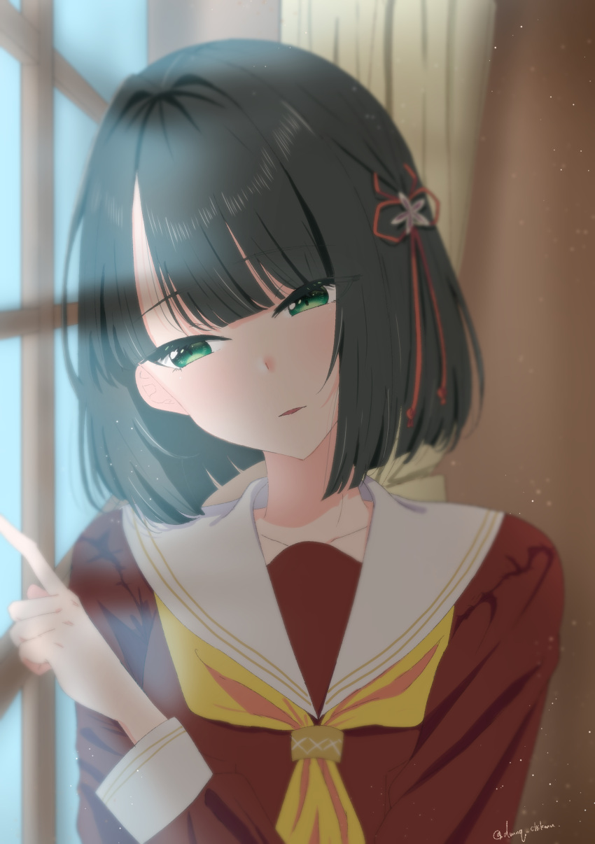 1girl, absurdres, black_hair, blunt_bangs, blunt_ends, brown_dress, chikoru, collarbone