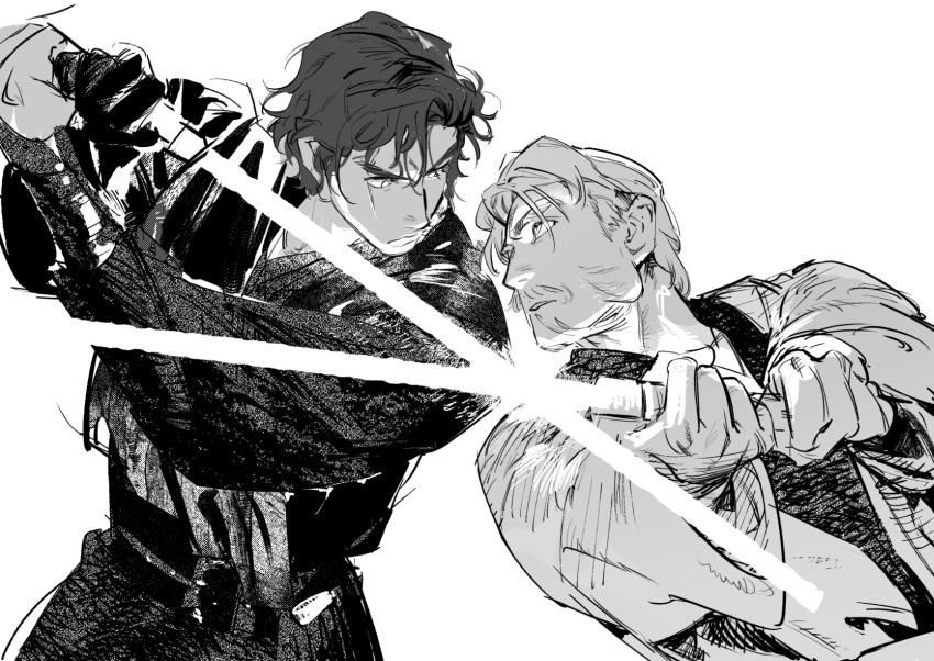 2boys, anakin_skywalker, atie1225, beard, energy_sword, facial_hair, greyscale, highres
