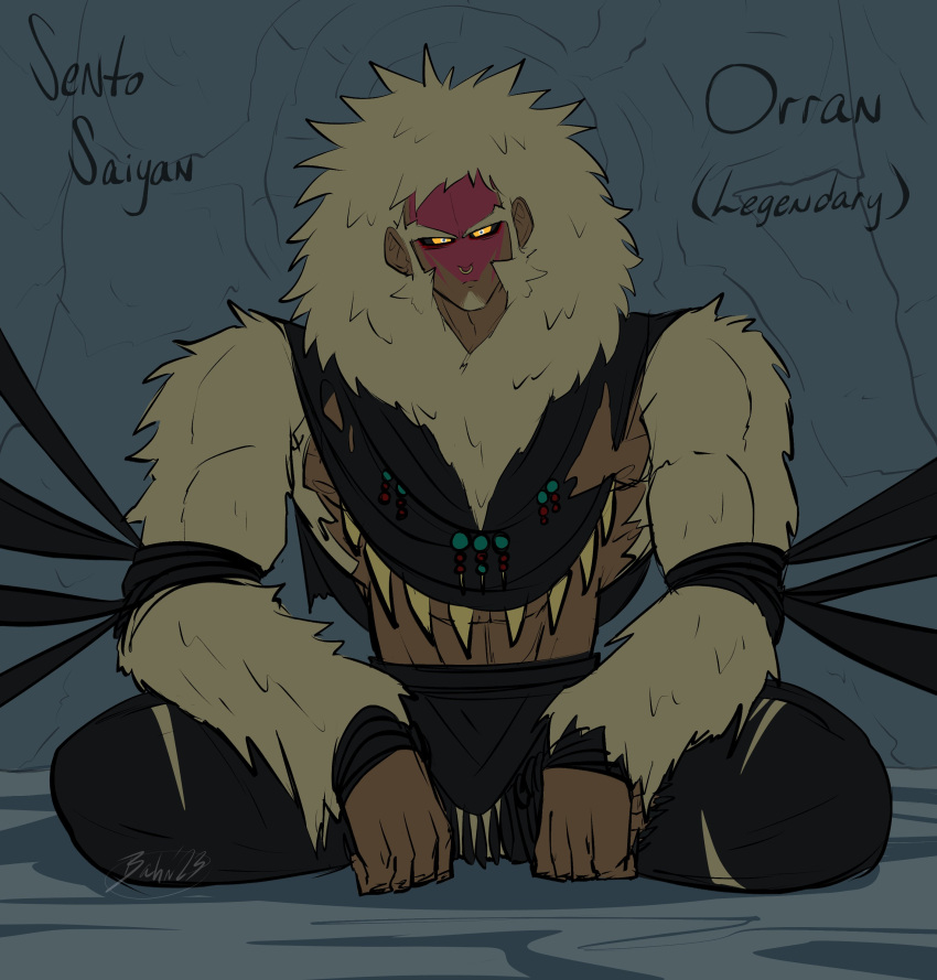 absurdres, alternate_universe, bahnloopi, beads, biceps, black_pants, black_sclera, black_tunic