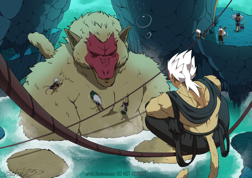 1other, 2boys, 5girls, bahnloopi, bandeau, barefoot, black_pants, body_fur