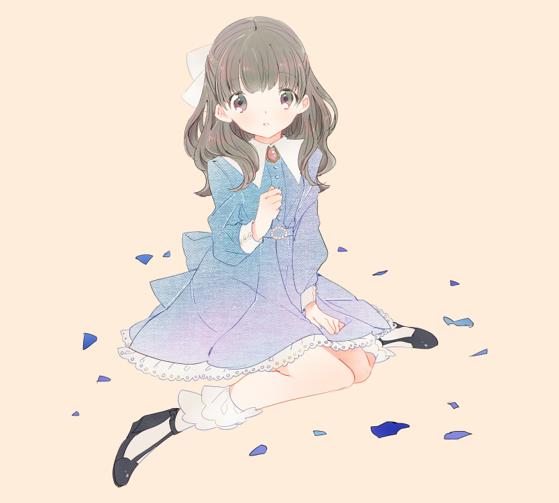 1girl, black_footwear, blue_dress, bow, brooch, brown_eyes, brown_hair, collared_shirt