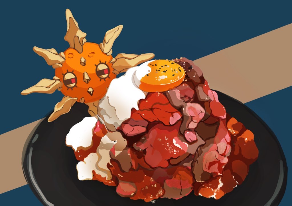 bacon, food, food_focus, fried_egg, meat, mi_ho_chi, no_humans, pepper_(spice), plate, pokemon, pokemon_(creature), red_eyes, solo, solrock