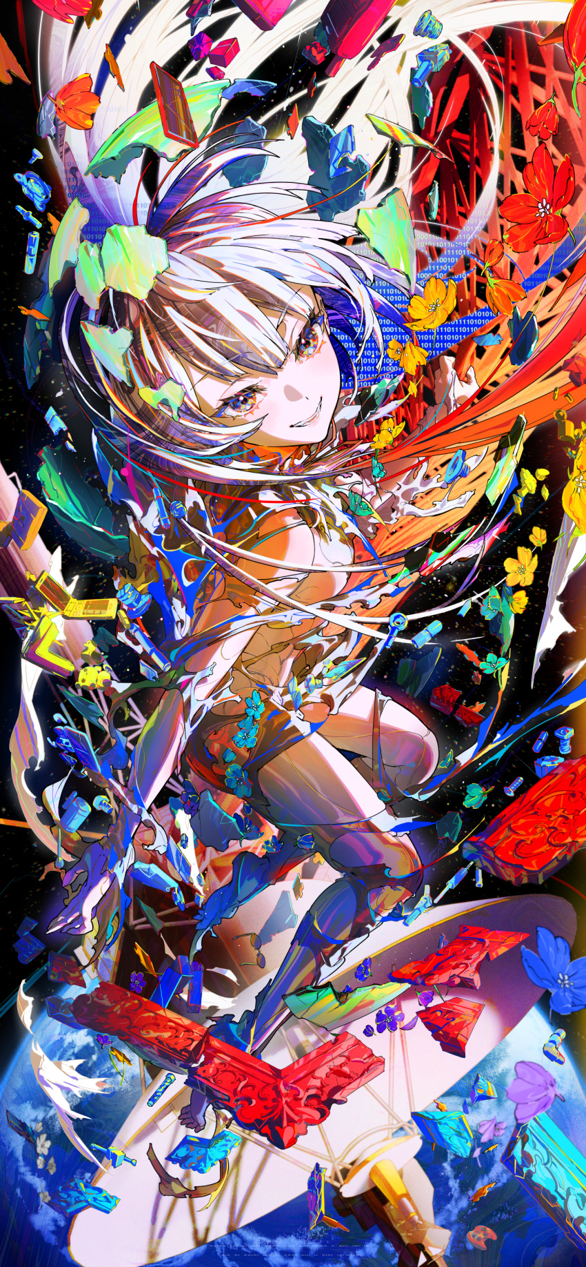 1girl, absurdres, broken_picture_frame, colorful, earth_(planet), fingernails, floating_hair, flower