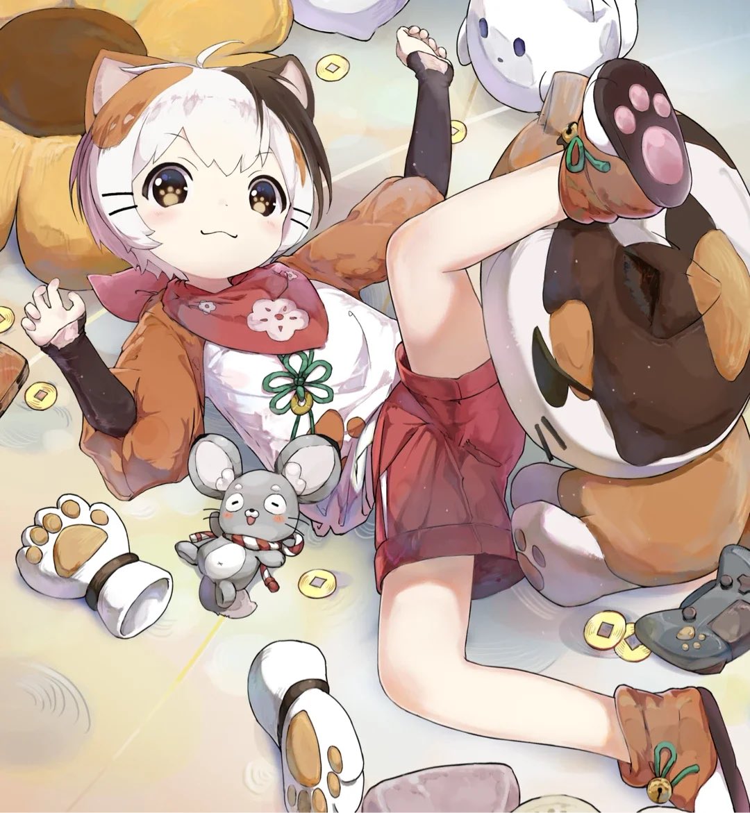 1boy, animal_ears, brown_footwear, cat_boy, child, closed_mouth, commentary_request, commission, indie_virtual_youtuber, kemonomimi_mode, long_sleeves, looking_at_viewer, male_focus, on_floor, paw-shaped_pupils, shorts, solo, symbol-shaped_pupils, tatamaru_(vtuber), tea_(apieceoftheworld), virtual_youtuber