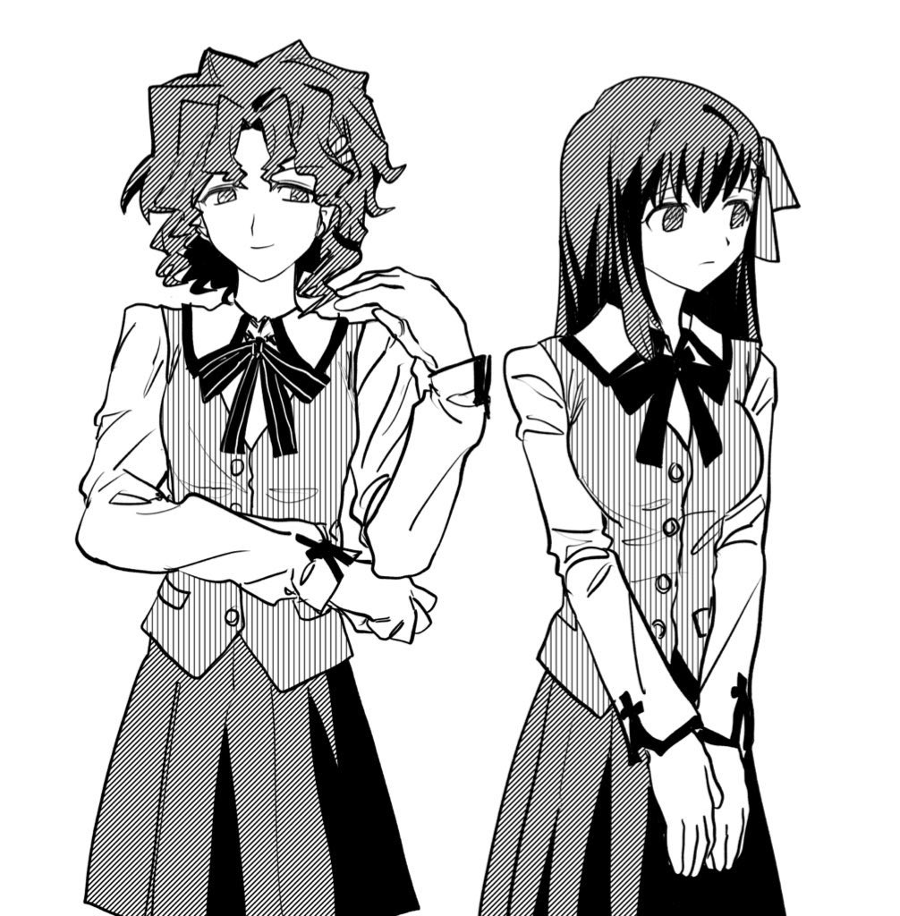 2girls, bnna-0208, closed_mouth, collared_shirt, expressionless, fate/stay_night, fate_(series), genderswap