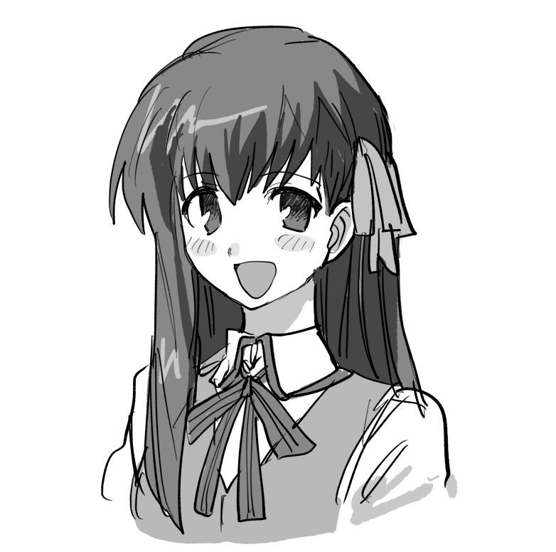 1girl, :d, blush, bnna-0208, collared_shirt, fate/stay_night, fate_(series), greyscale