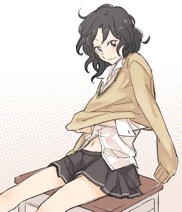 1girl, amagami, belly_button, black_hair, face, messy_hair, navel, peg