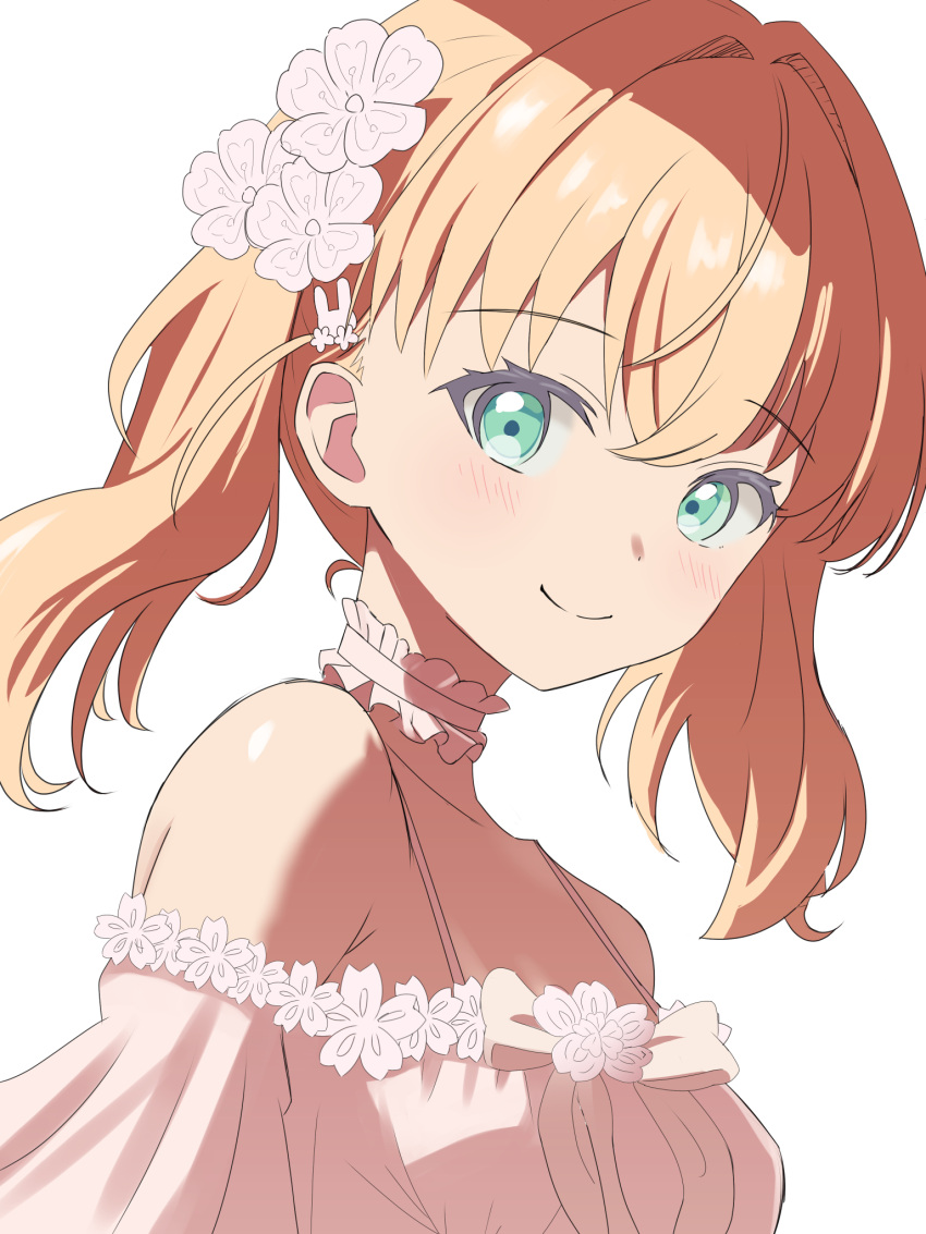 1girl, aqua_eyes, bare_shoulders, blush, choker, closed_mouth, collarbone, commentary_request