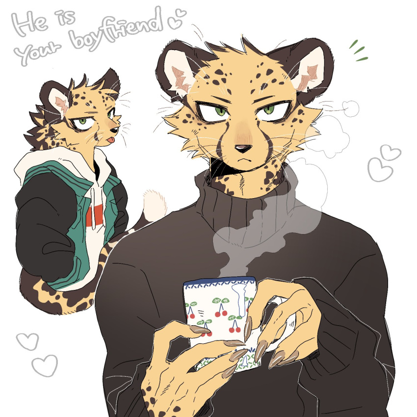 1boy, black_sweater, cheetah_boy, cheetah_ears, cheetah_tail, claws, closed_mouth, commentary_request