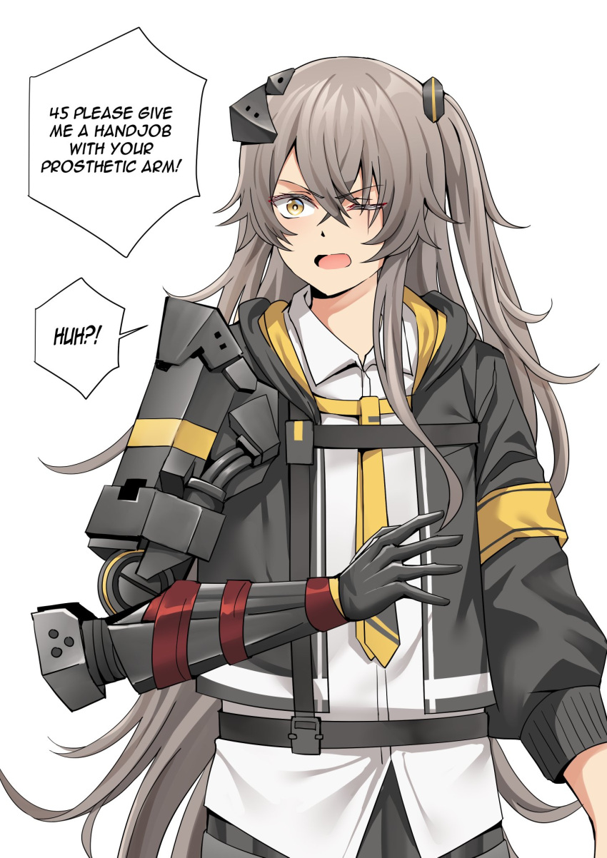 1girl, brown_hair, collared_shirt, english_commentary, english_text, girls_frontline, hair_ornament, highres