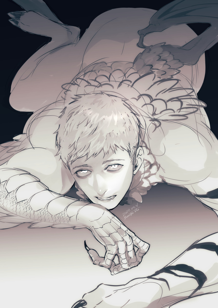 1boy, absurdres, animal_feet, animal_hands, artist_name, beniya_0608, black_background, chimera