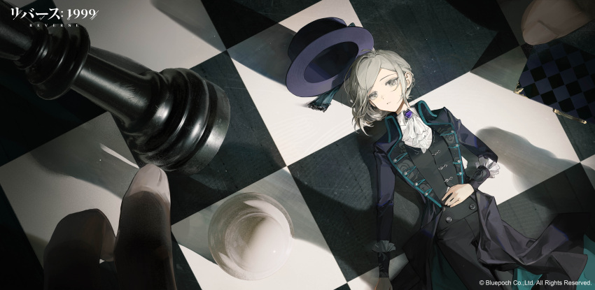1girl, 1other, absurdres, ascot, black_pants, black_vest, boater_hat, checkered_background
