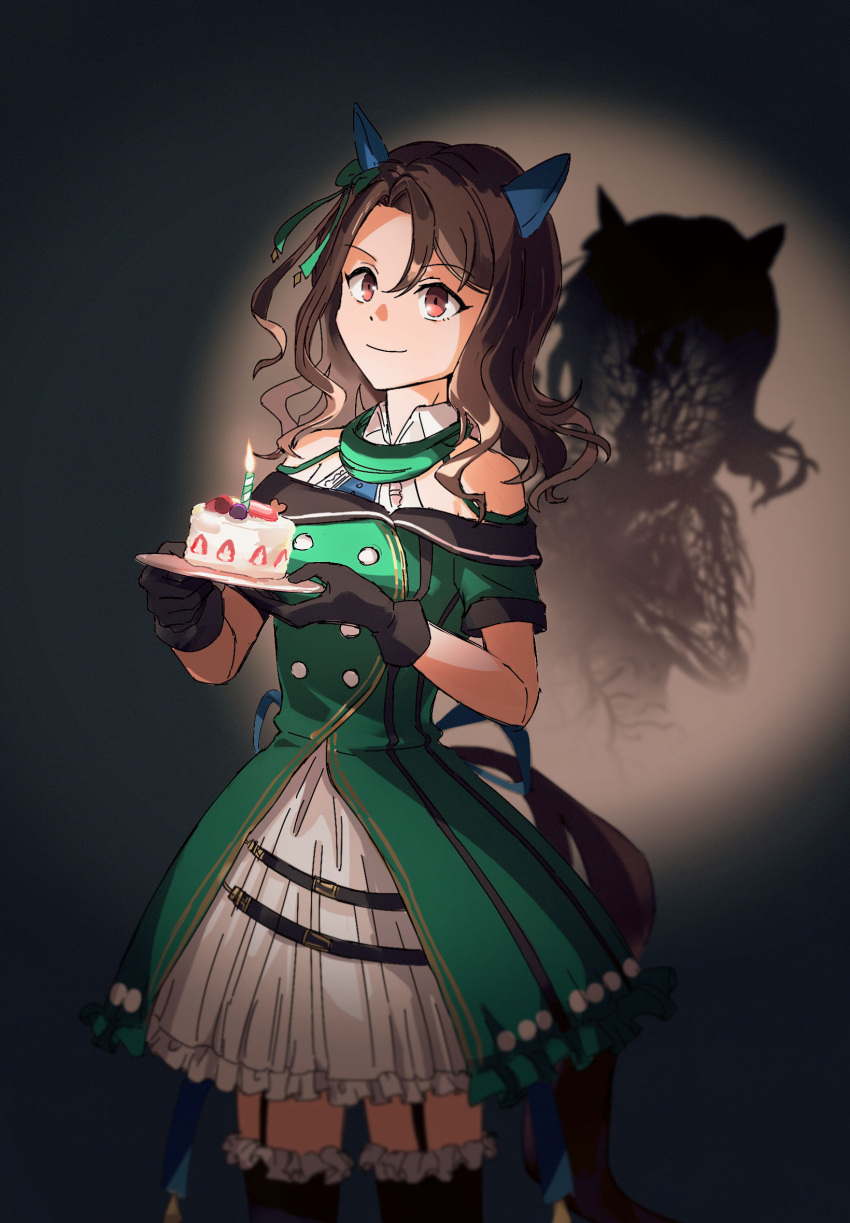 1girl, animal_ears, birthday_cake, black_gloves, black_thighhighs, brown_hair, cake, candle