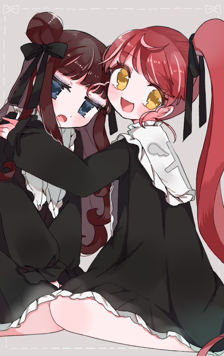 2girls, :d, black_dress, black_ribbon, blue_eyes, brown_hair, collared_dress, double_bun