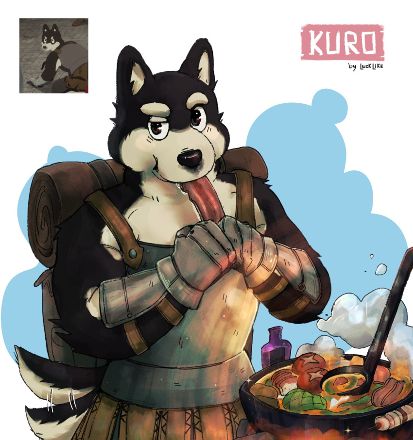 1boy, :t, animal_ears, armor, black_eyes, black_fur, blue_background, body_fur