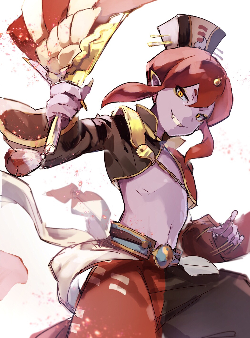 1boy, grin, highres, holding, kmnk_(kumanuko), looking_at_viewer, male_focus, navel