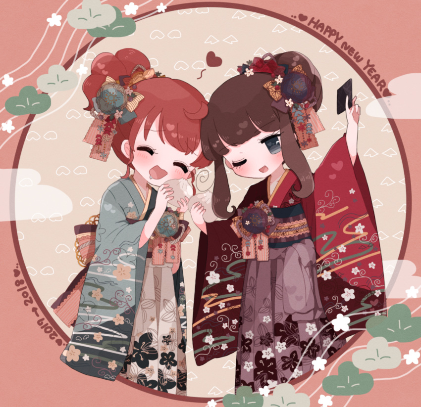 2girls, :d, ^_^, baozi, blue_eyes, blue_flower, blue_kimono, brown_hair