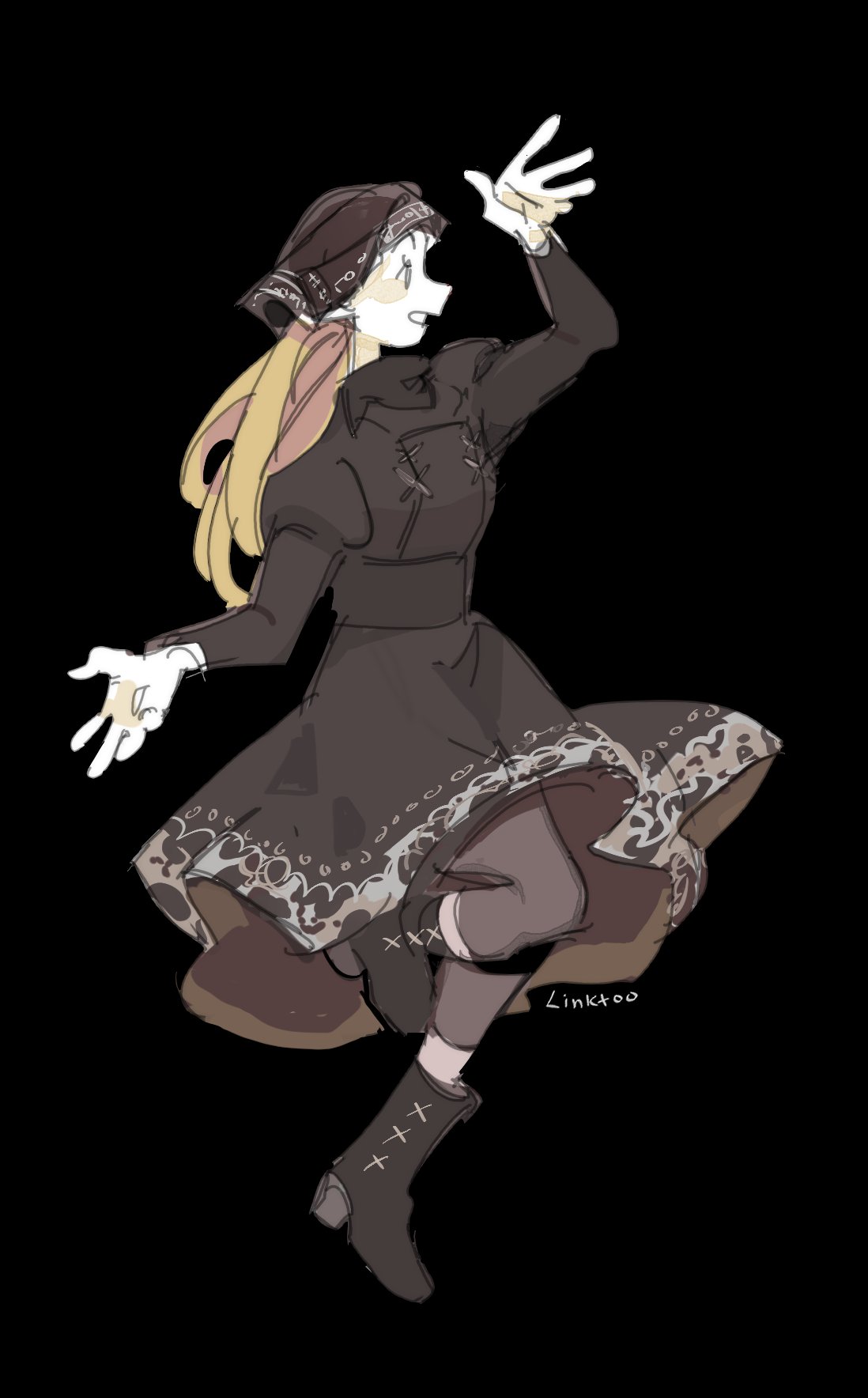 1girl, black_background, black_dress, blonde_hair, dress, dungeon_meshi, highres, linktoo_doodles