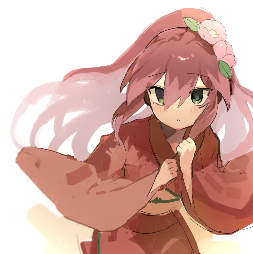 1girl, blush, flower, green_eyes, hair_flower, hair_ornament, high_ponytail, highres