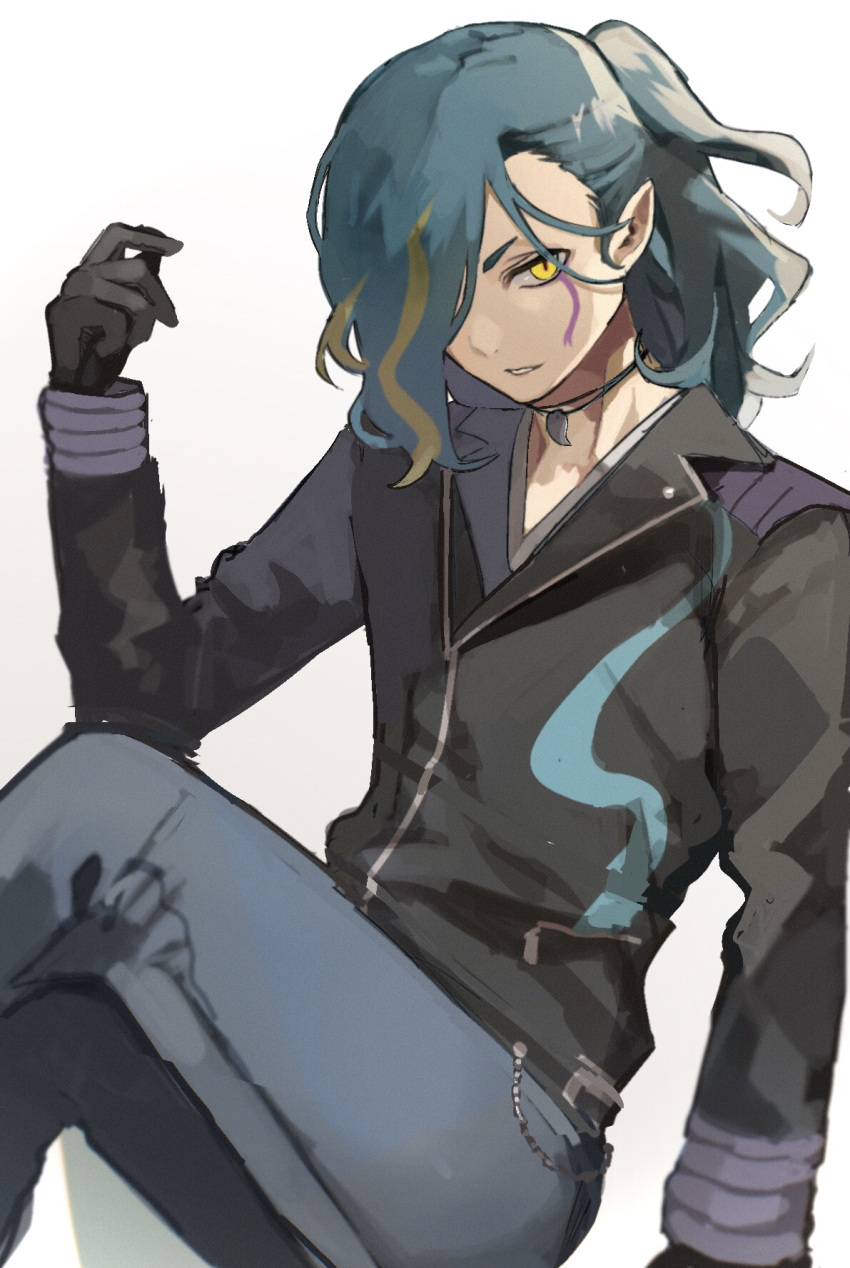 1boy, aqua_hair, black_gloves, gloves, highres, jacket, jewelry, kmnk_(kumanuko)