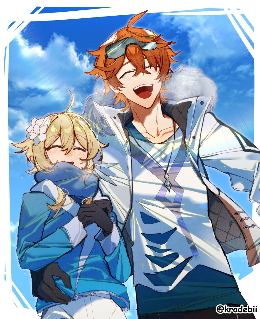 1boy, 1girl, absurdres, ahoge, blue_scarf, closed_eyes, cowboy_shot, genshin_impact, hand_on_another's_waist, highres, jacket, jewelry, kradebii, laughing, long_sleeves, lumine_(genshin_impact), necklace, open_mouth, orange_hair, scarf, shirt, smile, steam, tartaglia_(genshin_impact), tartaglia_(xiaomi)_(genshin_impact), white_footwear, white_jacket, white_shirt