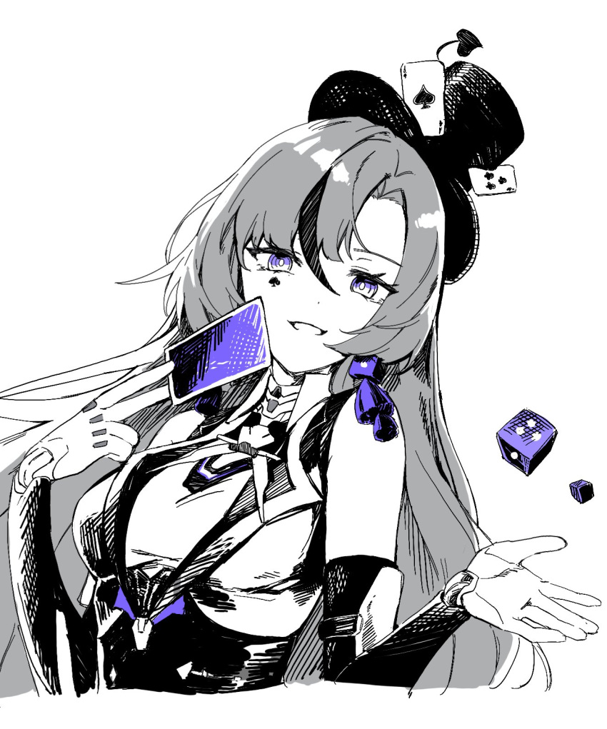 1girl, asymmetrical_bangs, card, cube_earrings, cylinder, facial_tattoo, grey_eyes, hair_between_eyes