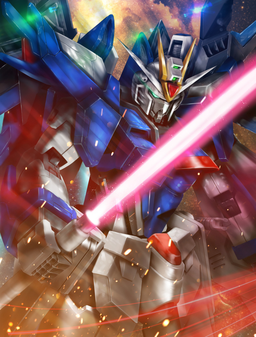 absurdres, arms_at_sides, beam_saber, commentary_request, embers, explosion, eye_trail, glowing