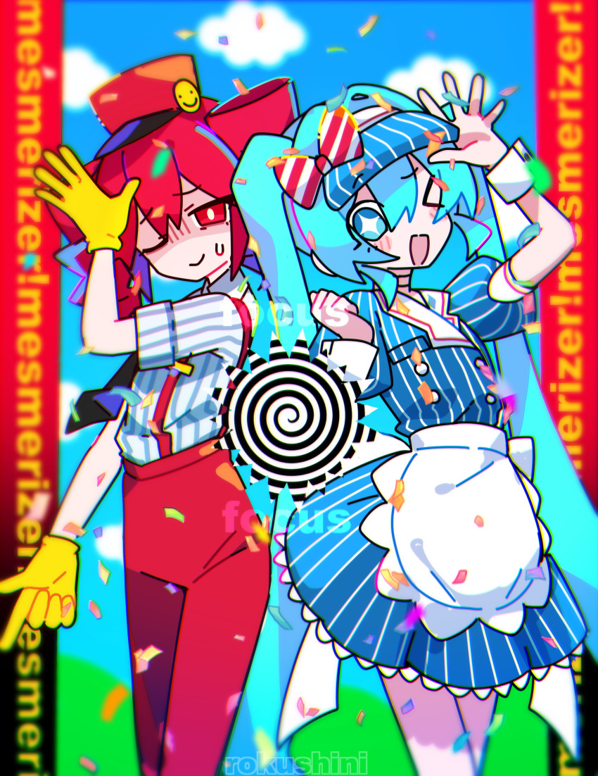 >_o, +_+, 2girls, absurdres, alternate_costume, apron, artist_name, blue_dress