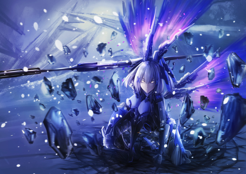 1girl, absurdres, breasts, crack, cracked_floor, energy_wings, grey_hair, hachi_shoku_mare, hair_ornament, highres, holding, holding_polearm, holding_weapon, joints, large_breasts, mechanical_arms, mechanical_parts, mechanical_wings, medium_hair, polearm, punishing:_gray_raven, robot_joints, rosetta_(punishing:_gray_raven), solo, weapon, wings, x_hair_ornament, yellow_eyes
