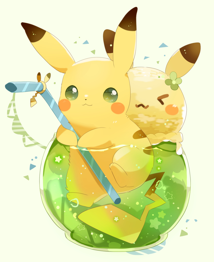 :3, closed_mouth, commentary_request, drinking_straw, glass, green_eyes, highres, holding